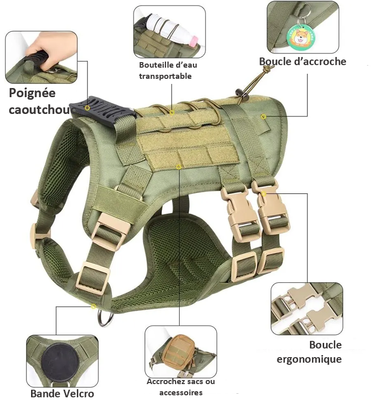 Harnais tactique pour chien moyens et grands réglable , matériaux PREMIUM, maille OXFORD, résistant , 2 boucles de dégagement rapide, adapté randonnée , trail , track, chasse, entrainement , running, chien d'assaut, équipé de Velcro, d'élastique , avec une poignée en caoutchouc renforcé .  SECURITE PROTECTION , HARNESS DOG , MALINOIS, BERGER ALLEMAND TOUTES races; TOP CADEAU ; 3 couleurs ; 3 tailles  Quelques détails intéressants 